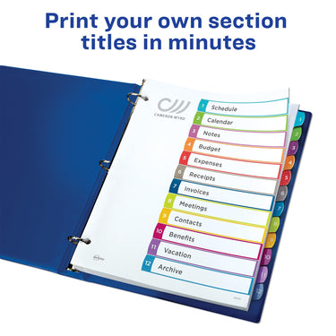 Avery 12 Tab Dividers for 3 Ring Binders, Customizable Table of Contents, Multicolor Tabs, 1 Set (11843) 1 pack